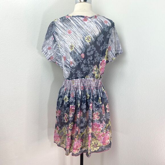 Gemini Semi-Sheer Dress Lg Gray Pink Floral Border Peasant Milkmaid Boho Fairy - Picture 7 of 9